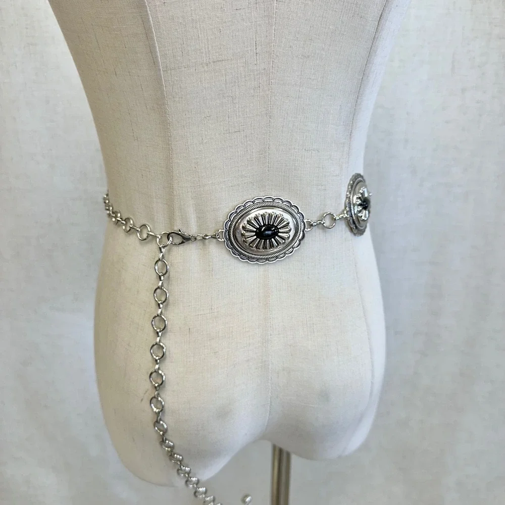 Silver Concho Chain Belt Black Faux Stone Western Boho Adjustable XS/Small‎